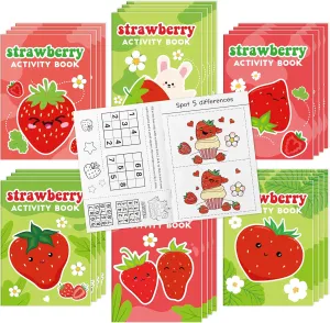 Strawberry Activity Books for Kids - 48Pcs Strawberry Mini Games Coloring Book Set Bulk Fruits Patterns Mazes Word Search Word Scramble Games for Classroom DIY Art Gifts Birthday Sweet Party Favors