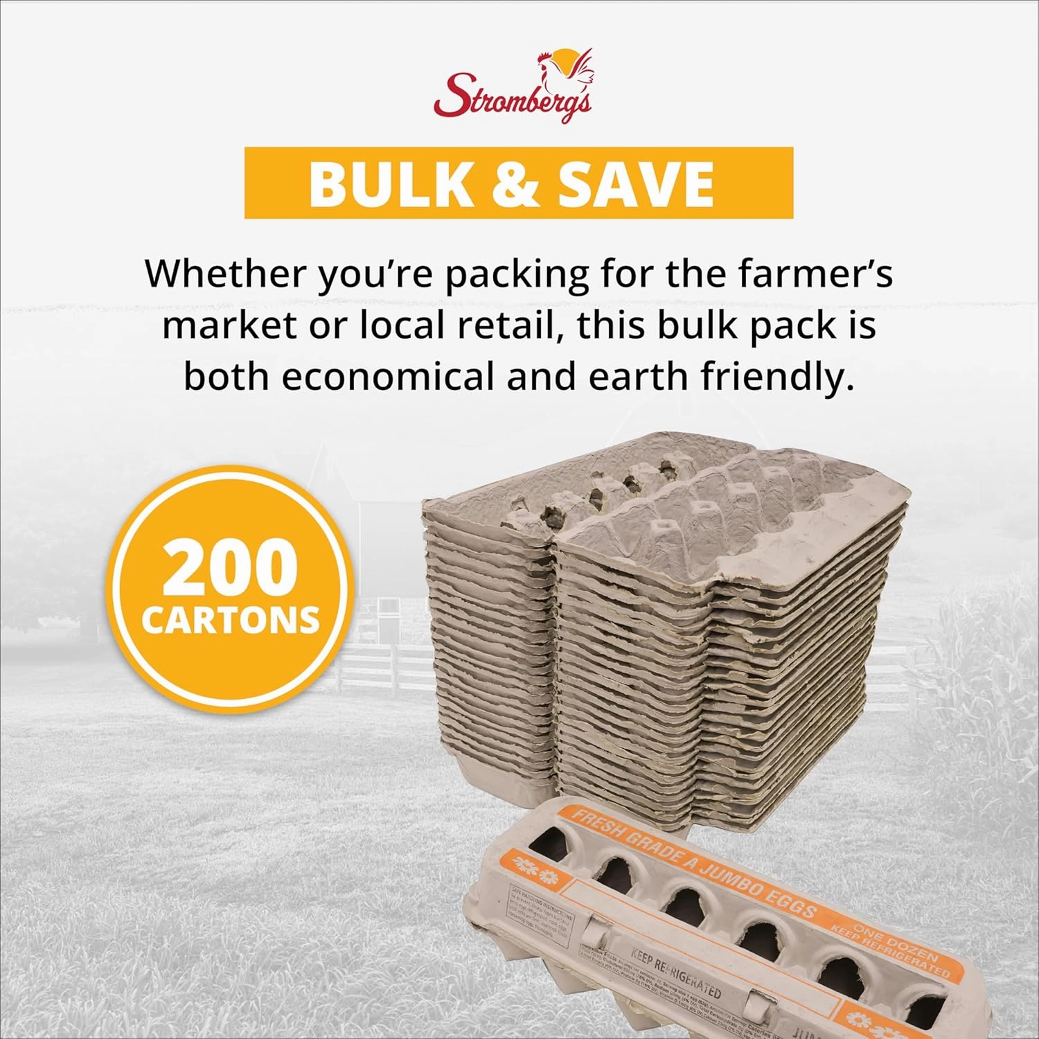 Stromberg's Fresh Grade A Jumbo Printed Egg Cartons, Biodegradable and Eco-Friendly, Made From Recycled Materials, With Educational Prints for Safe Handling Instructions and Nutrition Facts, 200 Pack