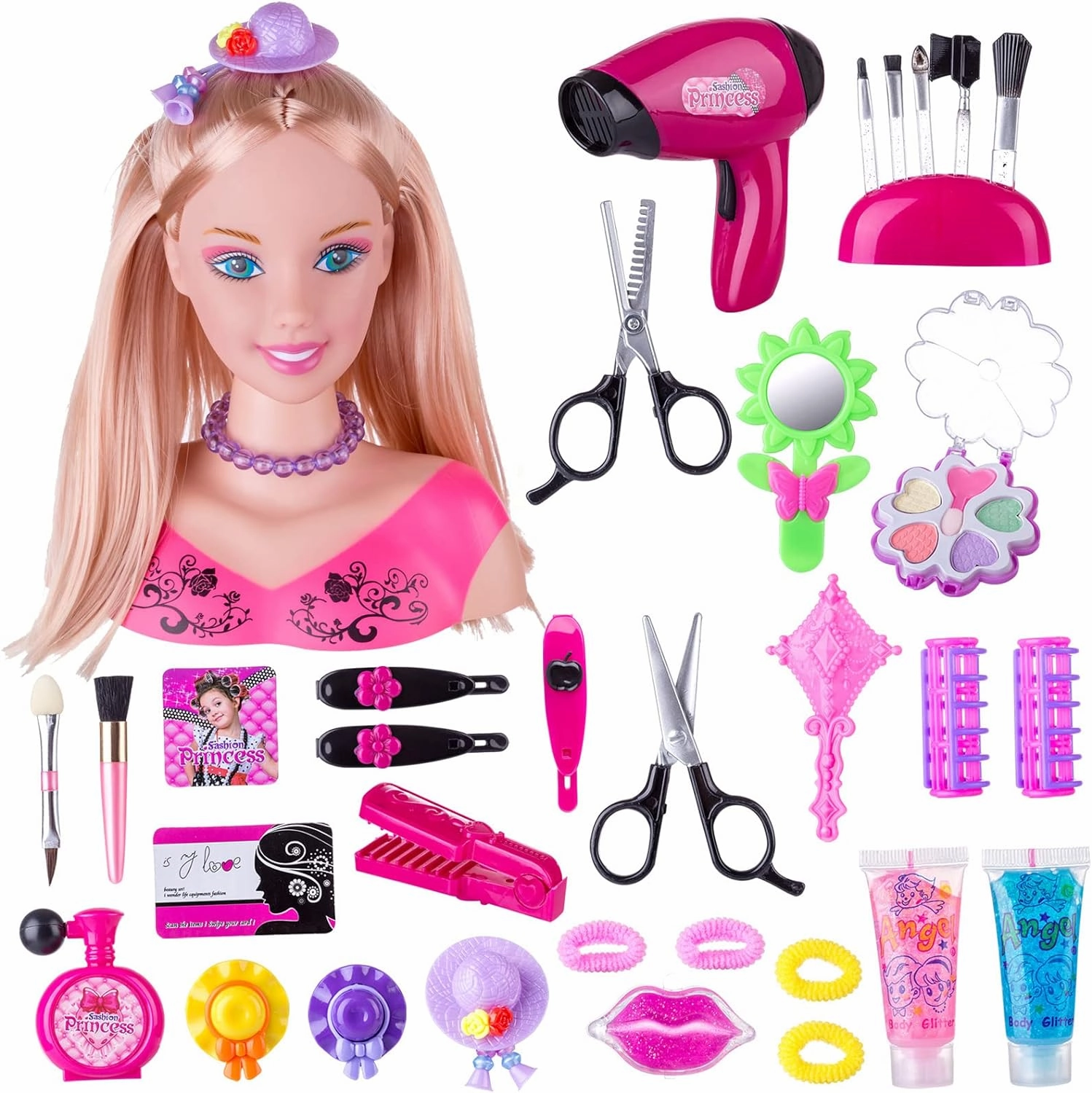 Styling Head Doll for Girls' Hair and Makeup Practice with Accessories and Hair Dryer (Style A)