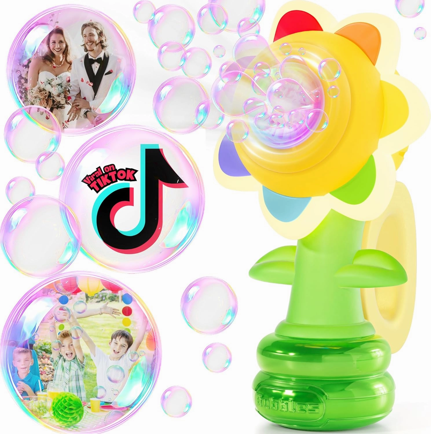 Sunflower Bubble Machine for Kids, Bubble Gun w/Dance, Lights & Rechargeable, Bubble Maker Gun for Toddlers, Bubble Blower Outdoor Toys, Gifts for Summer Wedding Birthday Party Favors