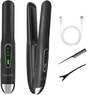 SUNMAY Cordless Hair Straightener, Titanium Portable Straightener, Dual Voltage Travel Flat Iron, Wireless Hair Straightener 2 in 1 with Comb & Clip, On-The-Go, Heat-up in Seconds, USB-C Fast Charge