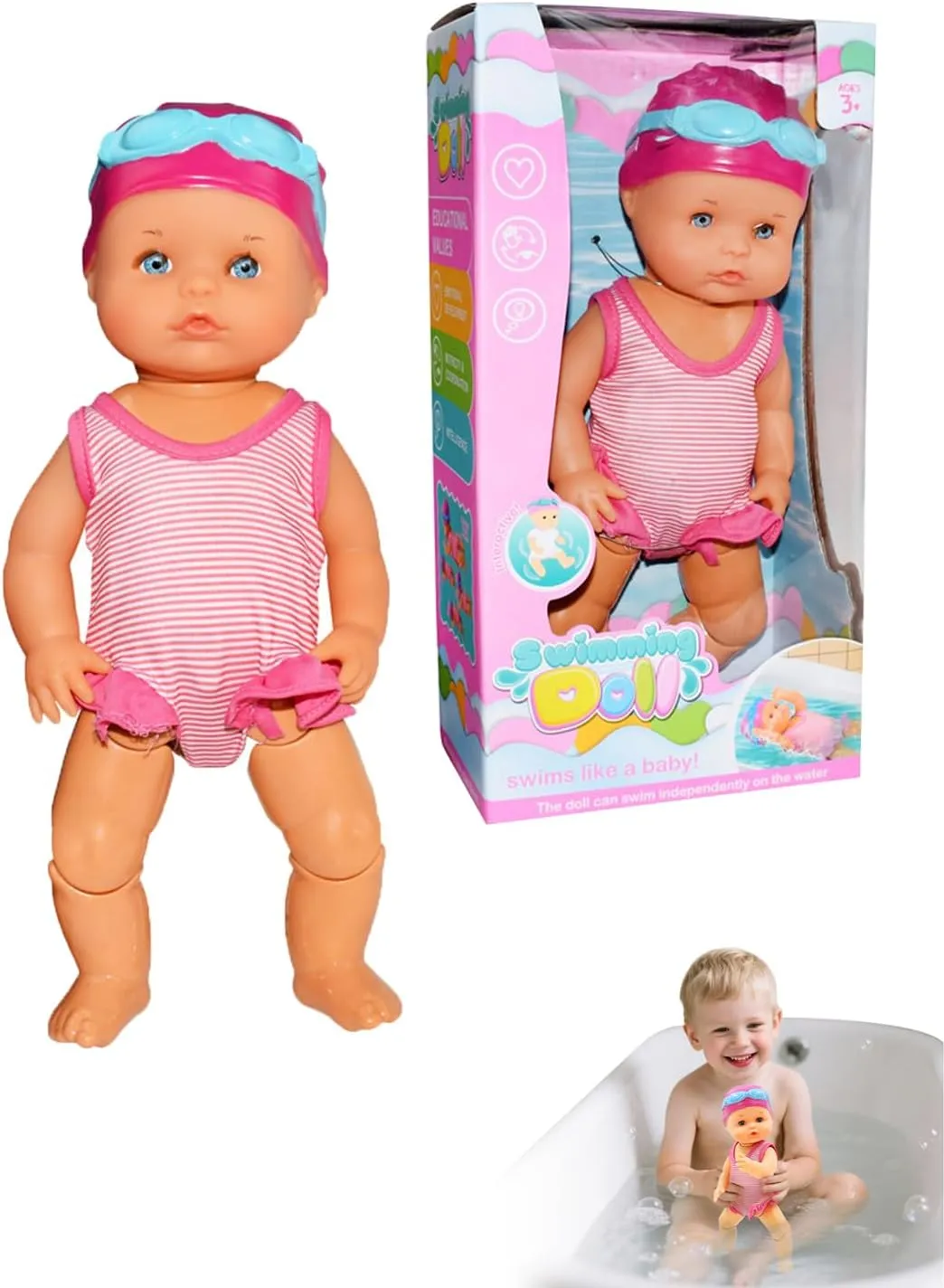 Swimming Baby Doll for Pool – Realistic Floating & Kicking Action, Waterproof Swimming Baby Doll for Girls with Detachable Suit, Floats & Swims in Pool/Bathtub