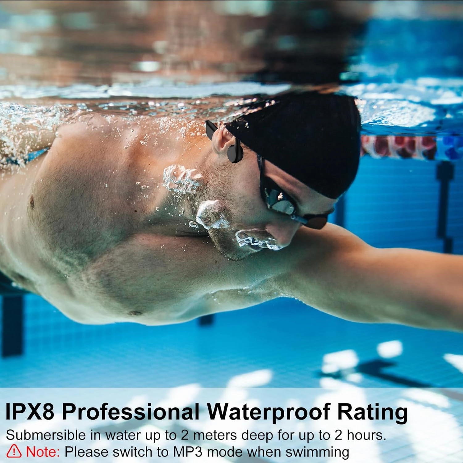 Swimming Bone Conduction Headphones, IPX8 Waterproof Earbuds Bluetooth 5.4 Open Earphones with MP3 7H Playtimes, Underwater Headphones for Swimming Running Cycling（Black）