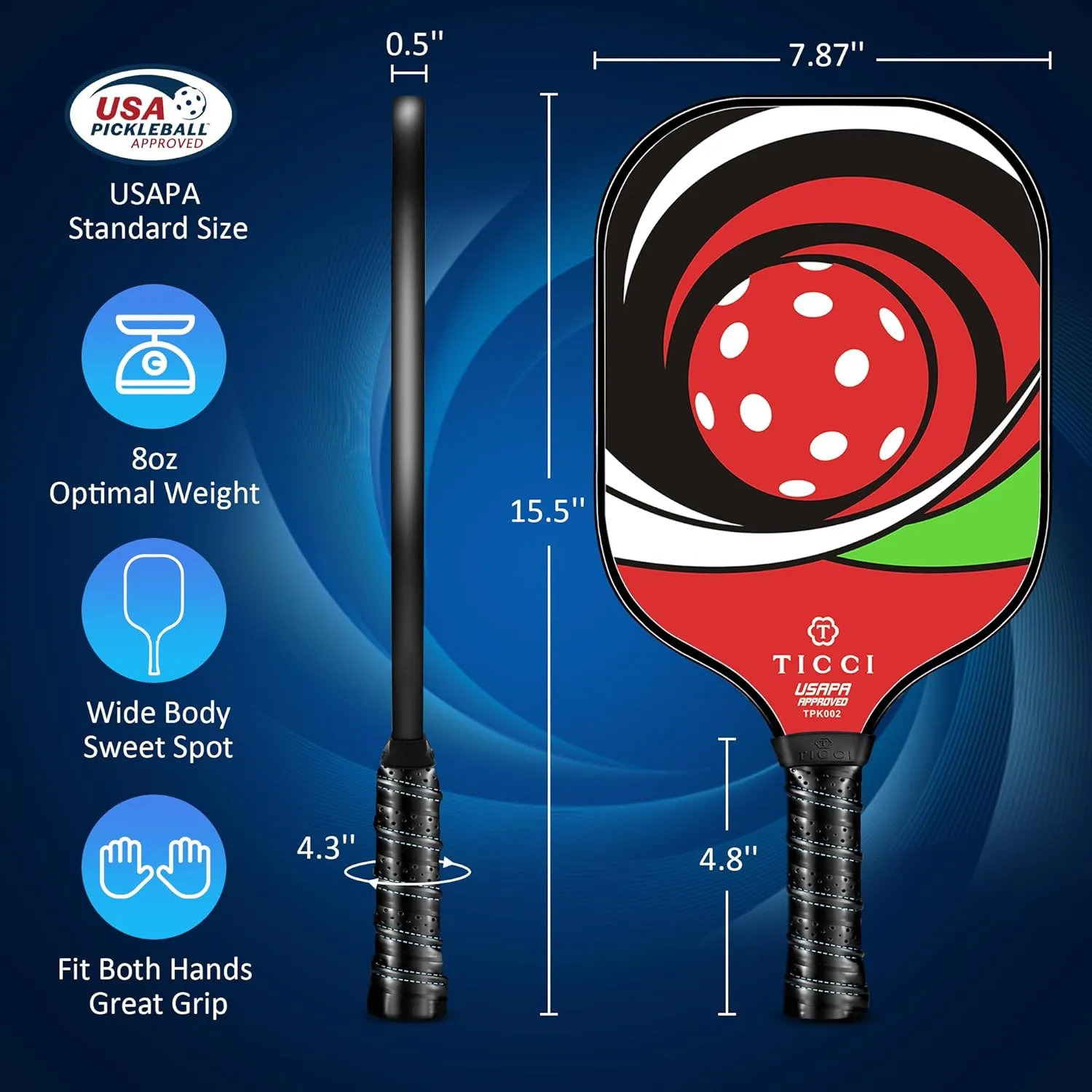 T TICCI Pickleball Paddles Set of 2, USAPA Approved Fiberglass Pickle Ball Paddles with 4 Pickleballs, Lightweight Rackets for Adults & Kids, Includes Carry Bag & Net Bag for Men, Women, Beginners,