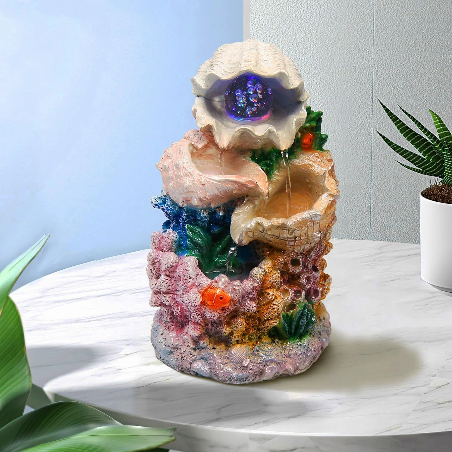 Tabletop Waterfall Fountain Indoor Themed Coral Seashell Tabletop Water Fountain Meditation (Ocean)