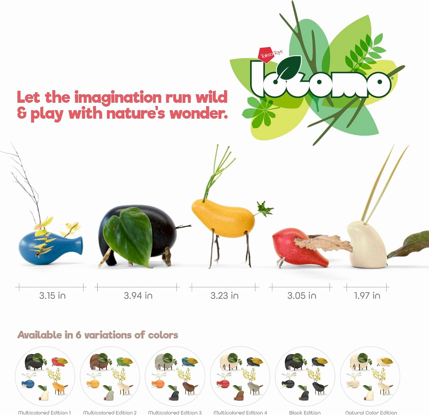 Taksa Toys Locomo Family 1 Open-Ended Waldorf Educational Outdoor Play Figures, Wooden Animal Montessori Toys for Kids 3 4 5 6 7  for Childs Learning & Creativity Year Old, Gifts (Set of 5)