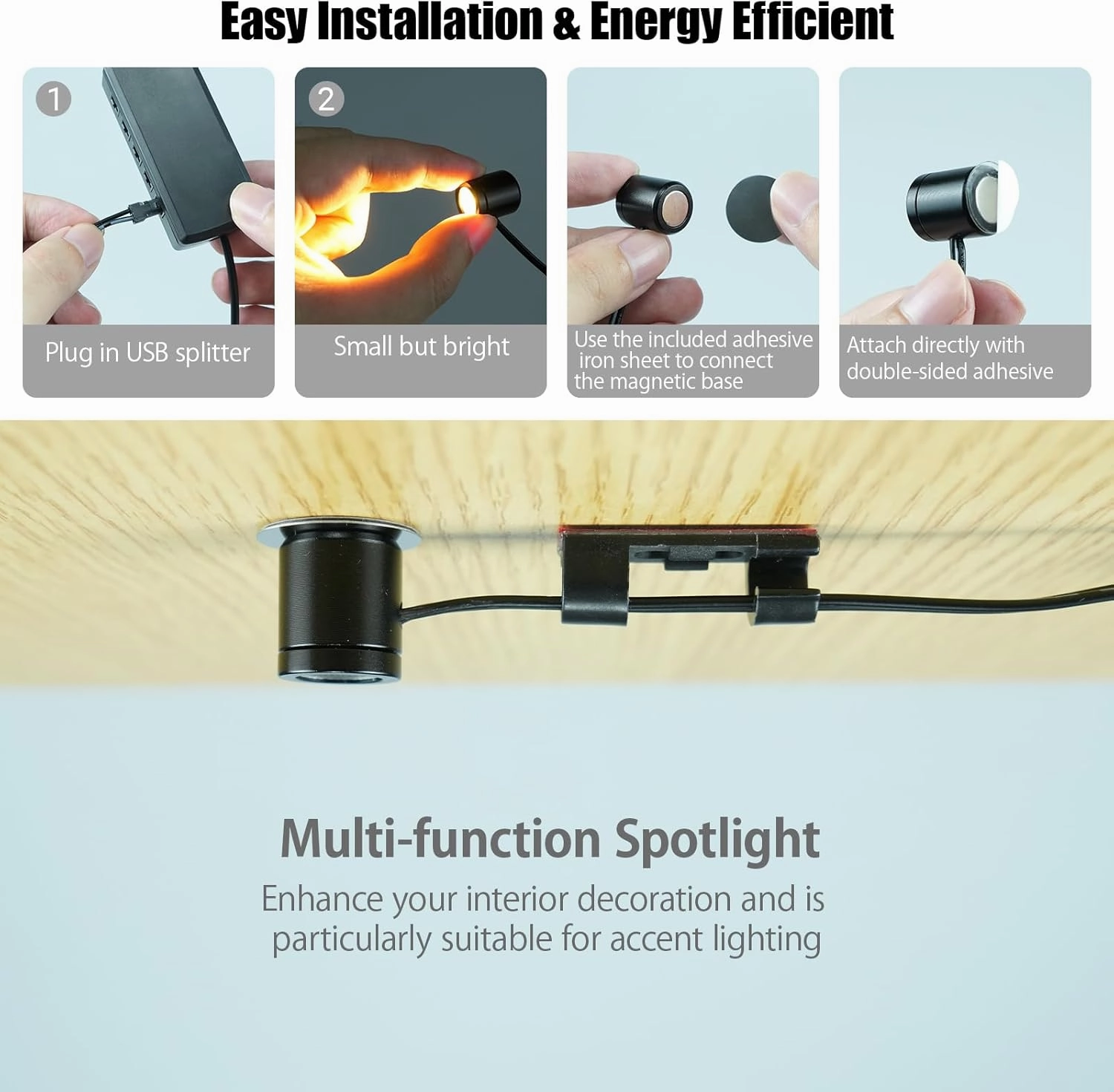 TAYSING Mini LED Spotlights with USB Hub,Magnetic Base, USB Powered Small Spotlight Display Lights, Accent Lighting for Artwork, Paintings, Jewelry, Display Cases, handicrafts, Models, Toys, Puzzles