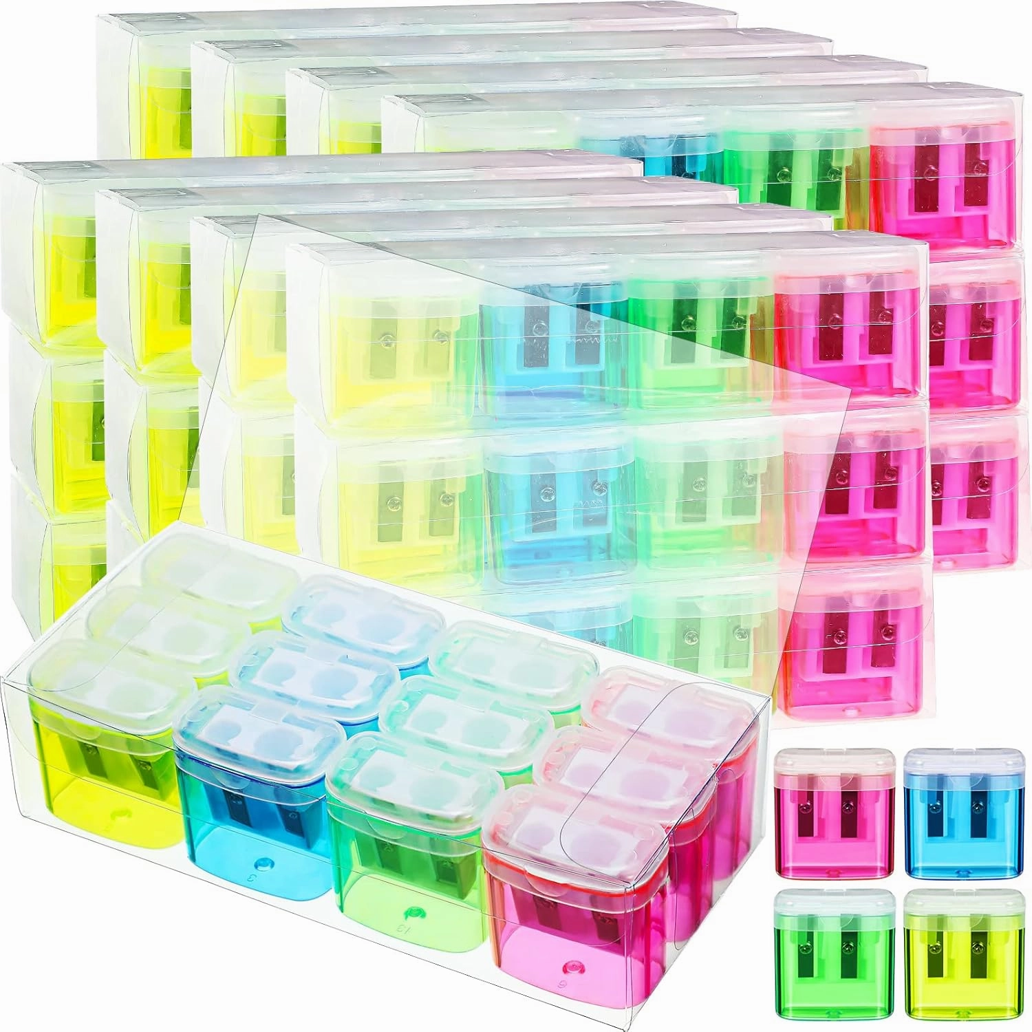 Teling 144 Pcs Manual Pencil Sharpeners Bulk Handheld Dual Holes Pencil Sharpeners for Kids Colorful Portable Compact Sharpener with Lid for Students School Class Home Office Supply
