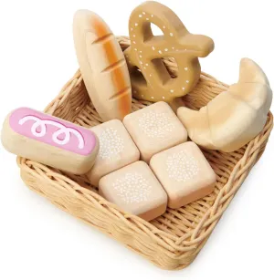 Tender Leaf Toys - Bread Basket - 8 Pcs Wooden Pastries Pretend Food Play Supermarket Shopping Game, with Hand-Crafted Wicker Basket, Play Kitchen Accessories - Age 3 