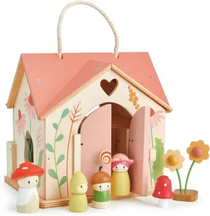 Tender Leaf Toys - Rosewood Cottage - Portable Furnished Wooden 2-Story Dollhouse Set with Handle, 4 Pcs Miniature Toadstool Family with 10 Accessories - Pretend Play Gift for Kids - Age 3 