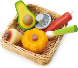 Tender Leaf Toys - Veggie Basket - 6 Pcs Wooden Vegetables with Hand-Crafted Wicker Basket, Pretend Food Playset Supermarket Shopping Game Play Kitchen Farmer's Market Accessories - Age 3 