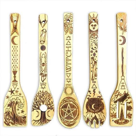 The 5 Elements Bamboo Large Kitchen Utensils Set | Eco-friendly Witchy Kitchen Tools Set