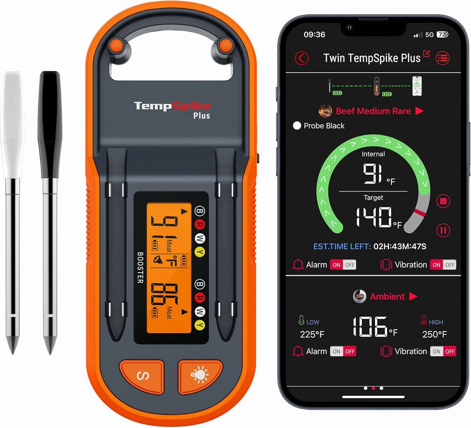 ThermoPro TempSpike Plus 600ft Wireless Meat Thermometer with 2 Color-Coded Probes, Bluetooth Meat Thermometer with LCD-Enhanced Booster for Food Cooking Grill Smoker