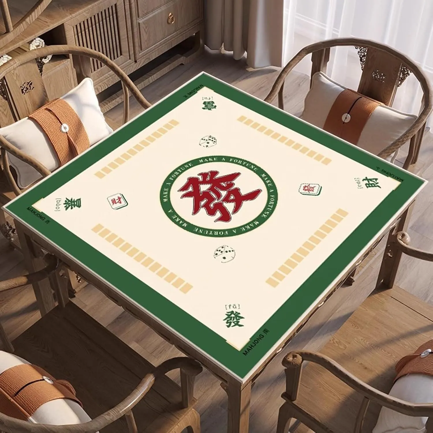 Thickened Mahjong Mat with Rules, Anti Slip and Noise Reducing Card Game Mat Table Cover with Carrying Bag and 3 Dice(Green,35.43x35.43 in)