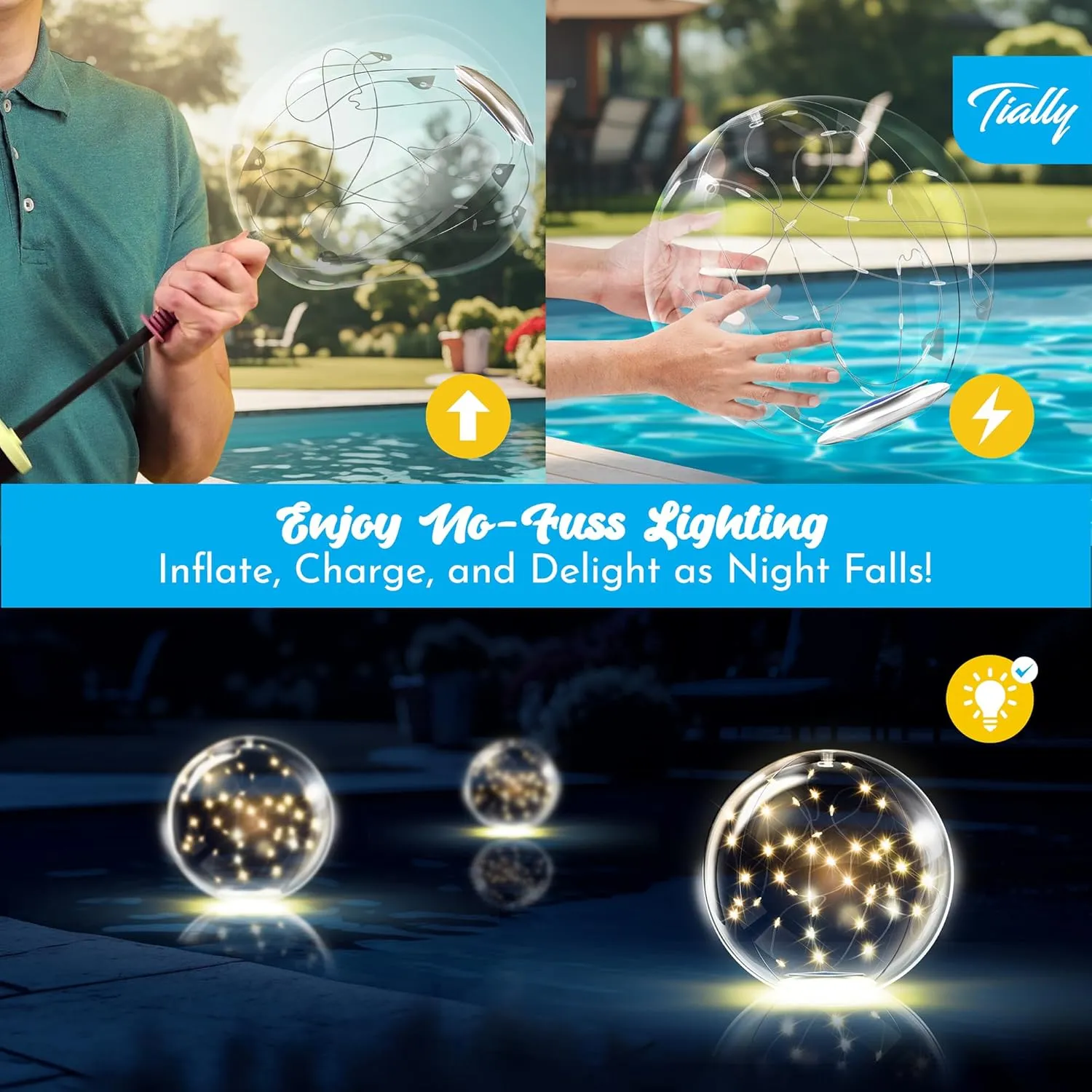 TIALLY Fairy Floating Pool Lights Solar Powered - 14" Inflatable Waterproof Led Glow Balls, Luces para Piscina, Floating Light Up Ball, Swimming Pool Party Decorations, Cool Outdoor Decor (2 Pack)