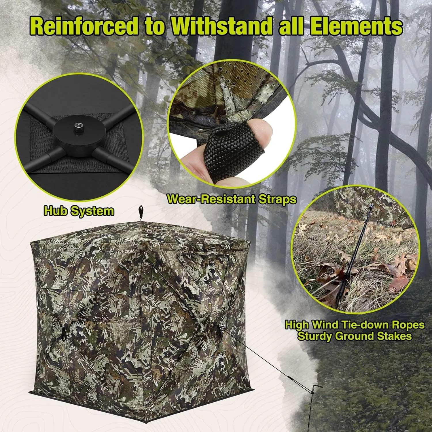 TIDEWE See Through Blind 270°with Silent Magnetic Door & Sliding Windows, 2-3 Person Pop Up Ground Blind with Carrying Bag, 300D Portable Resilient Tent(Camouflage & Veil Rush)