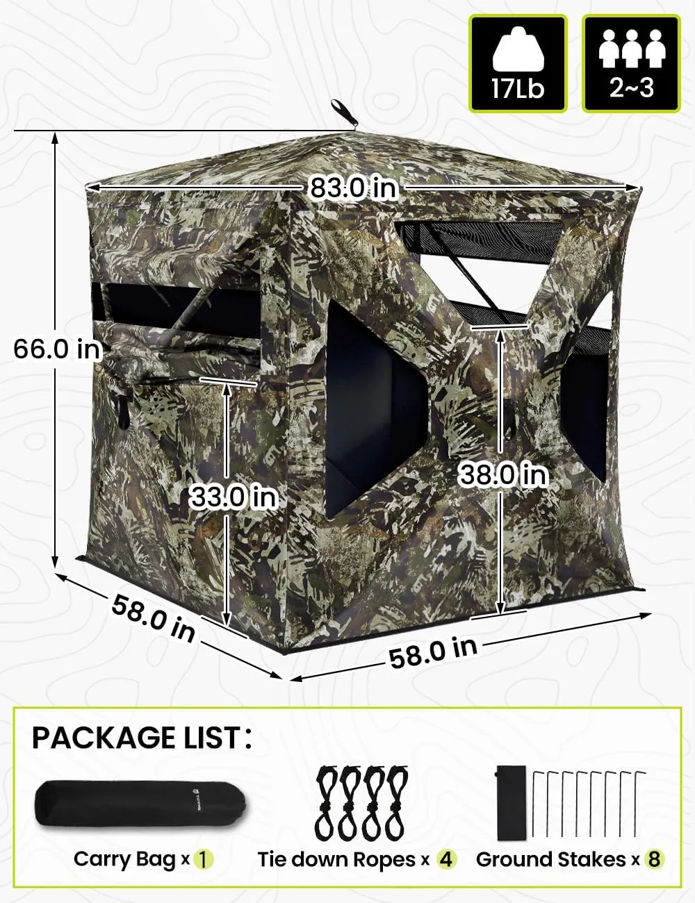 TIDEWE See Through Blind 270°with Silent Magnetic Door & Sliding Windows, 2-3 Person Pop Up Ground Blind with Carrying Bag, 300D Portable Resilient Tent(Camouflage & Veil Rush)