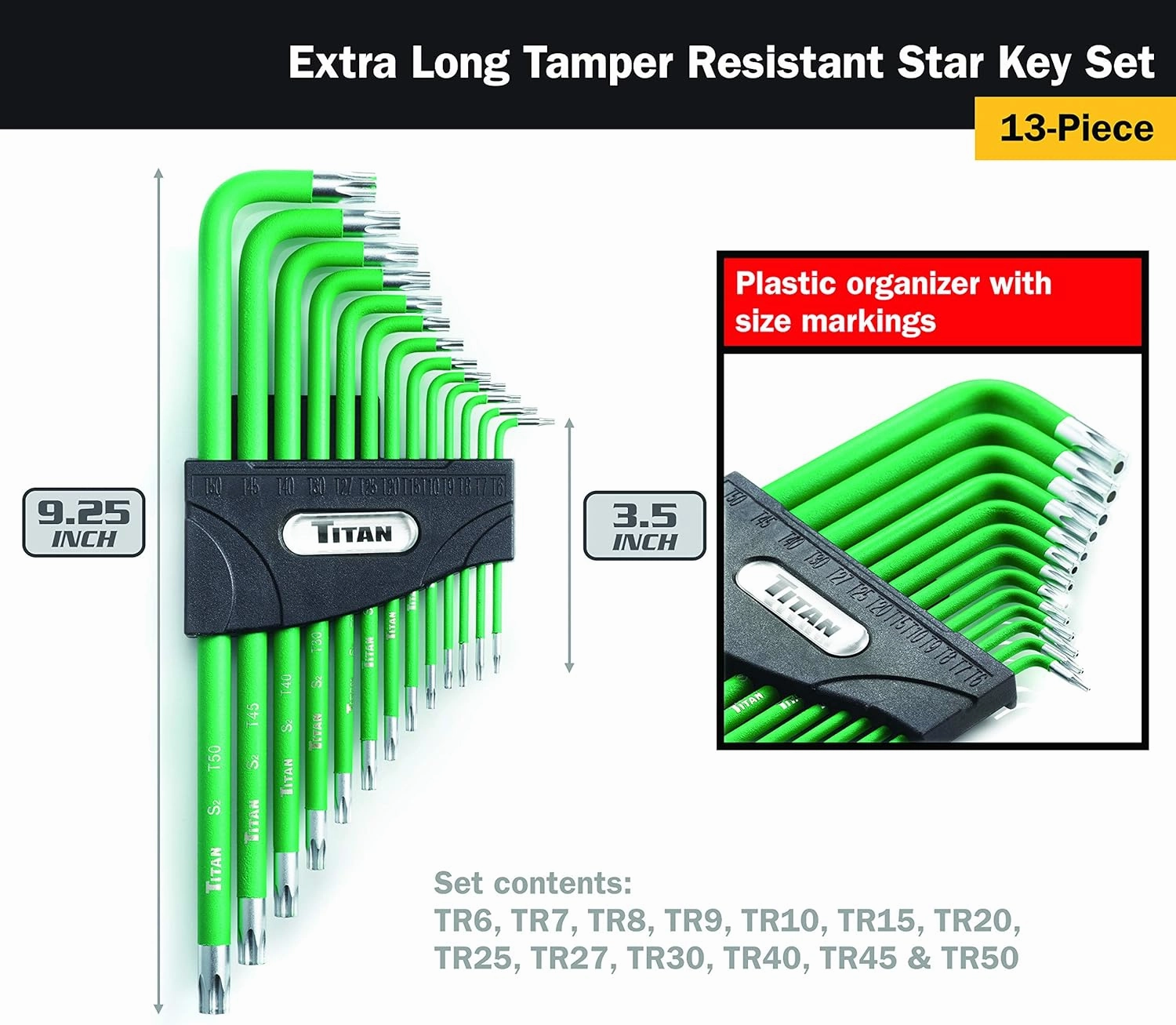 Titan Tools 12715 Extra-Long Arm Tamper Resistant Star Key Set - 13 Piece , Green, 1