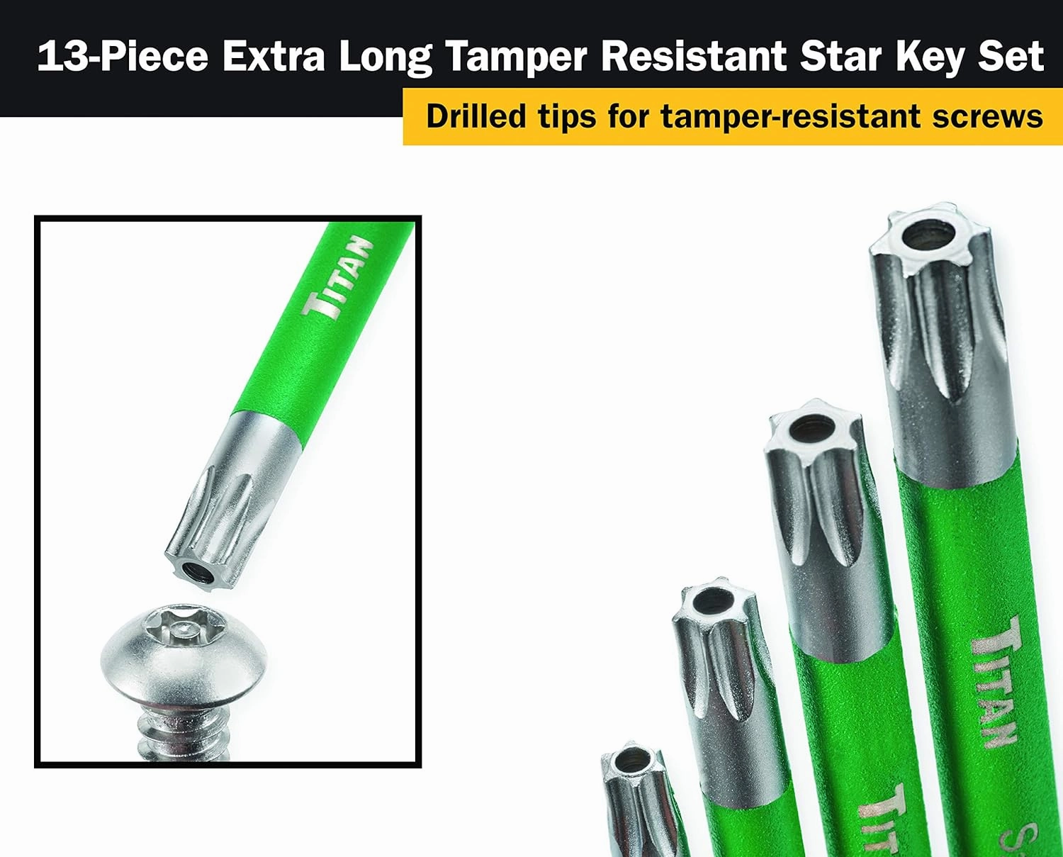 Titan Tools 12715 Extra-Long Arm Tamper Resistant Star Key Set - 13 Piece , Green, 1