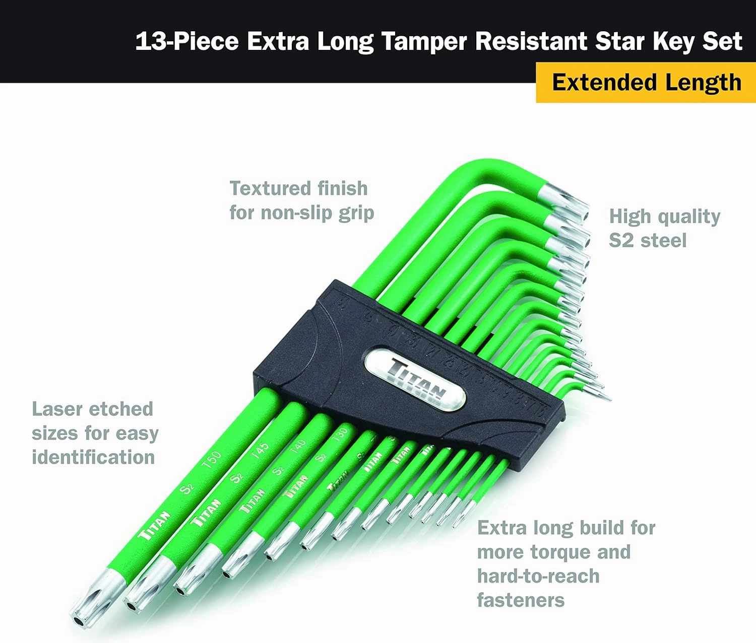 Titan Tools 12715 Extra-Long Arm Tamper Resistant Star Key Set - 13 Piece , Green, 1