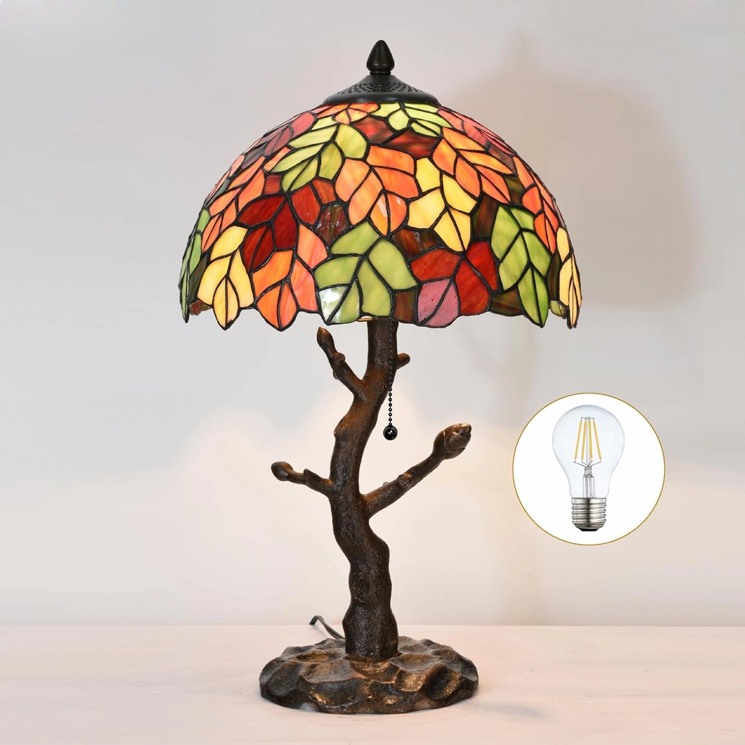 TL0021 Maple Leaves Tiffany Table Lamp Stained Glass Shade Reading Desk Light 12 X 20 Inches for Bedroom Living Room, Handcrafted Art Deco for Home Office, LED Bulb Included (Maple Leaves)