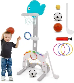 Toddler Basketball Hoop for Kids 1-3 Outdoor Indoor Basketball Hoop for Kids 4-8 Adjustable 5 in 1 Multifunctional Basketball Hoop Set, Basketball, Soccer, Golf, Ring Toss, Ball Toss