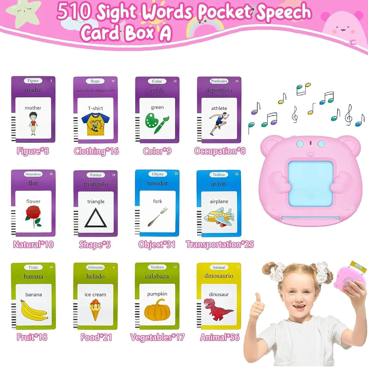 Toddler Toys Flash Cards Spanish - 510 Sight Words Pocket Speech Therapy Toys - Bilingual Talking Flash Cards - Autism Sensory Toys for Autistic Children - Learning Montessori Tool Pink