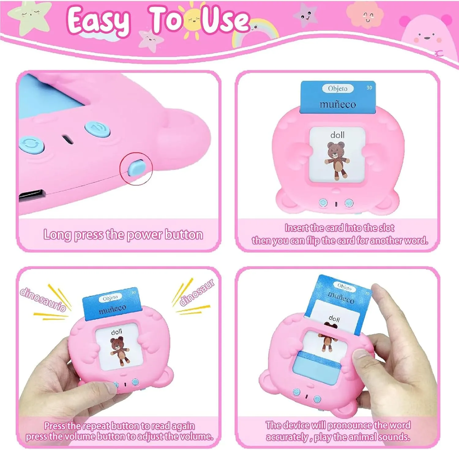 Toddler Toys Flash Cards Spanish - 510 Sight Words Pocket Speech Therapy Toys - Bilingual Talking Flash Cards - Autism Sensory Toys for Autistic Children - Learning Montessori Tool Pink