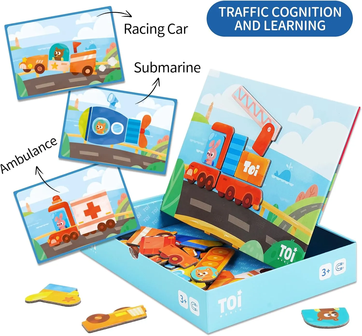 Toi Kids Magnet Toys Magnetic Jigsaw Puzzle Boxes with Game Board for Kids Ages 3-8, Preschool Tabletop Toy for Toddlers, Portable Travel Game, Vehicle