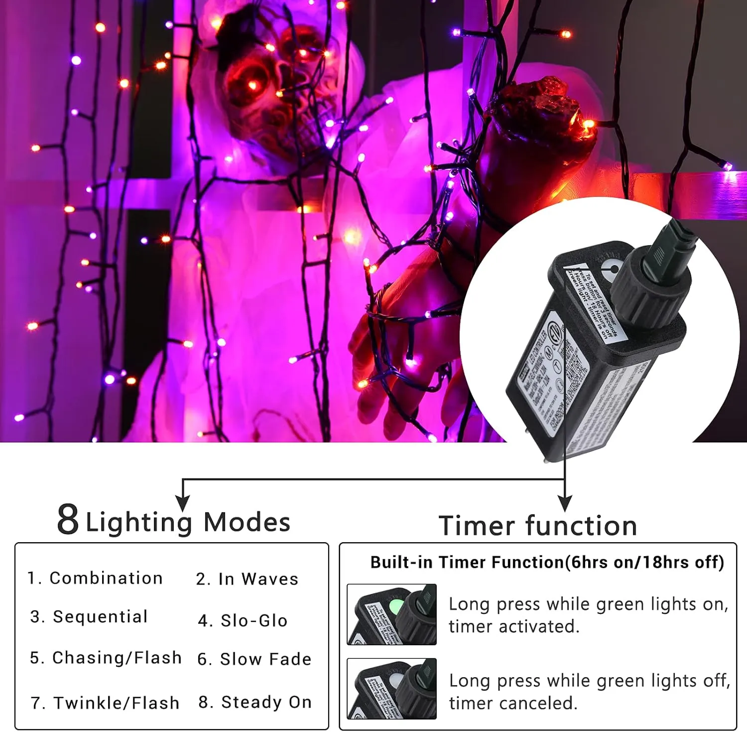 Toodour Halloween Orange & Purple Lights, 131ft 350 LED Plug in String Lights with 8 Modes and Timer, Connectable Outdoor Lights for Home, Party, Halloween Decor