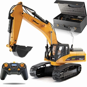Top Race Full Metal Adult RC Hydraulic Excavator Truck - 23-Channel Remote Control Excavator Toy with Claw Grabber - ‎Rechargeable 2000mAh Battery, Smoke Simulated, 180 Lbs Capacity - 15"x9"x23.6"