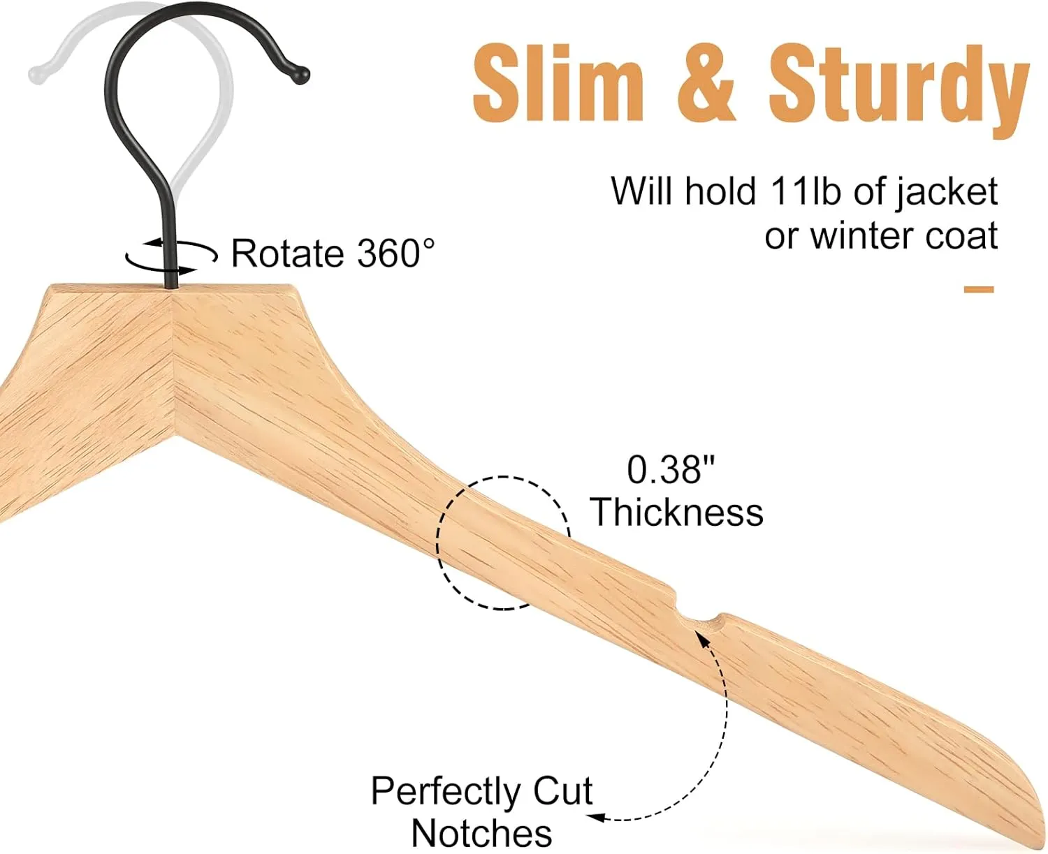 TOPIA HANGER Rubber Wood Hangers, Wooden Clothes Hangers with Rotatable Black Hook and Smooth Cut Nothces, Set of 12 Durable and Slim Hangers for Coats, Suits, Jackets, Sweaters, Dresses - CTS01N