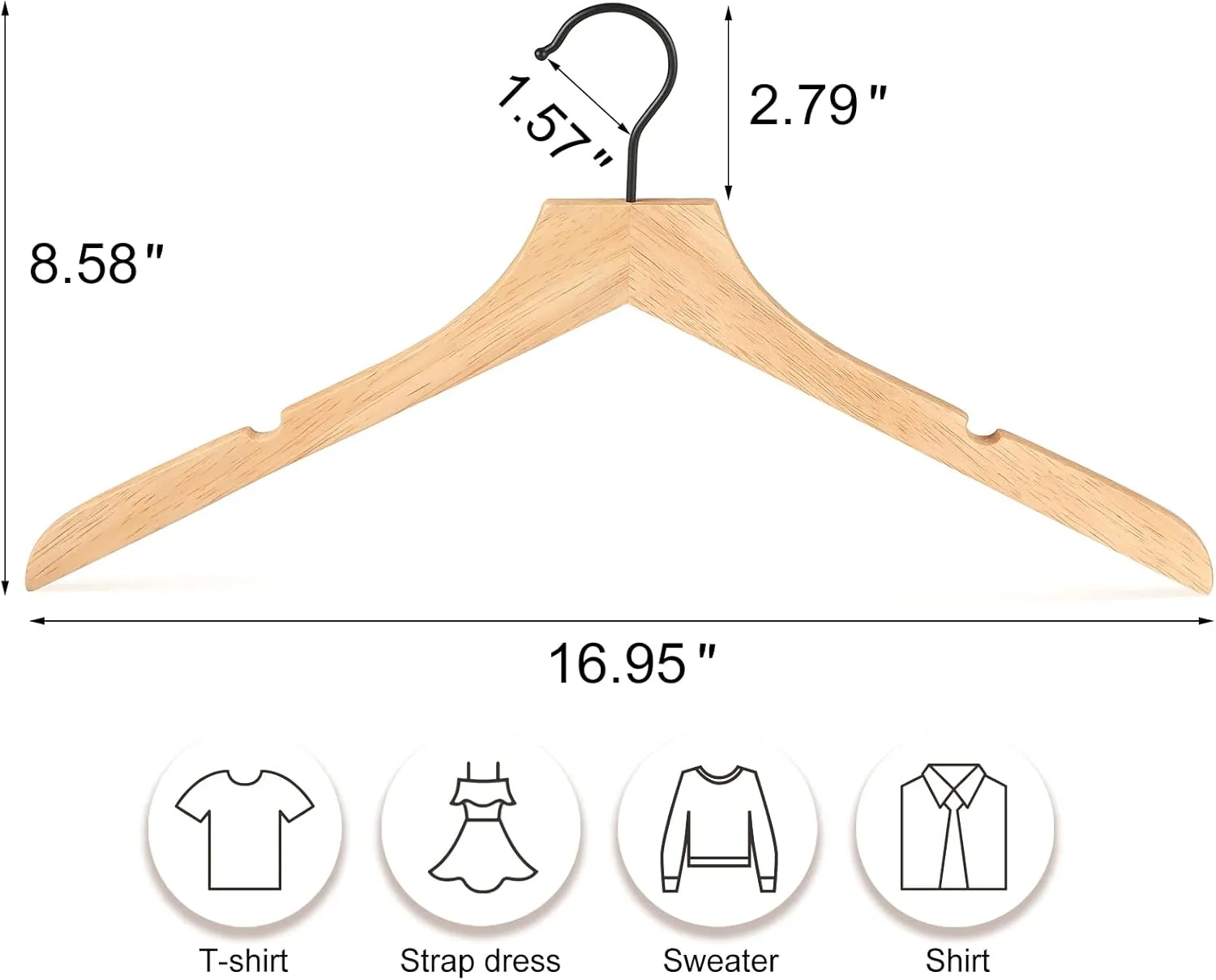 TOPIA HANGER Rubber Wood Hangers, Wooden Clothes Hangers with Rotatable Black Hook and Smooth Cut Nothces, Set of 12 Durable and Slim Hangers for Coats, Suits, Jackets, Sweaters, Dresses - CTS01N