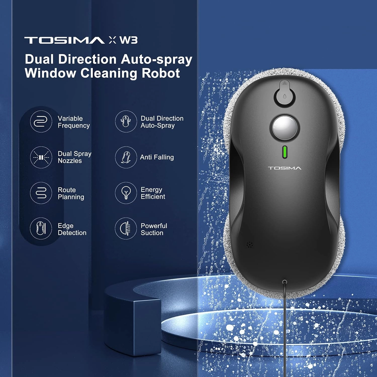 Tosima W3 Window Cleaning Robot - Dual Direction Auto-Spray Smart Window Cleaner with Triple Safety System, Smart Navigation, Remote Control, for All Smooth Surfaces, with 12 Rags, Black
