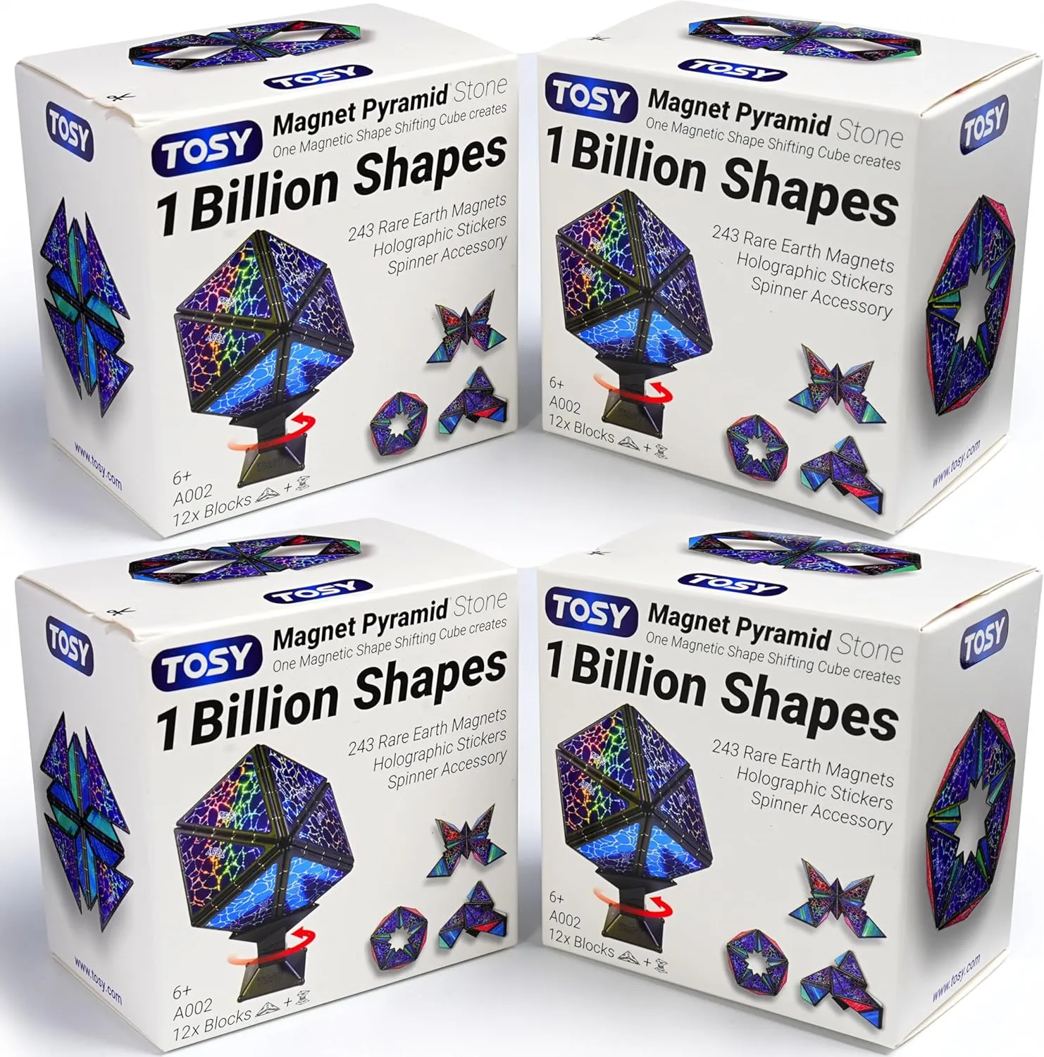 TOSY Magnet Pyramid Stone - 1 Cube Transforms into 1 Billion Shapes, 12 pcs, 4th of July Decorations, 243 Rare Earth Magnets, Holographic Design Magnet Tiles Creative Puzzle STEM/STEAM Toy, 4-Pack
