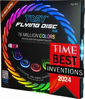 TOSY Flying Disc - 16 Million Colors RGB, Extremely Bright, Smart Modes, Camping Essentials for Teens/Kids/Adults/Men/Boys/Girls, Auto Light Up, Patented, Rechargeable, Waterproof, 175g