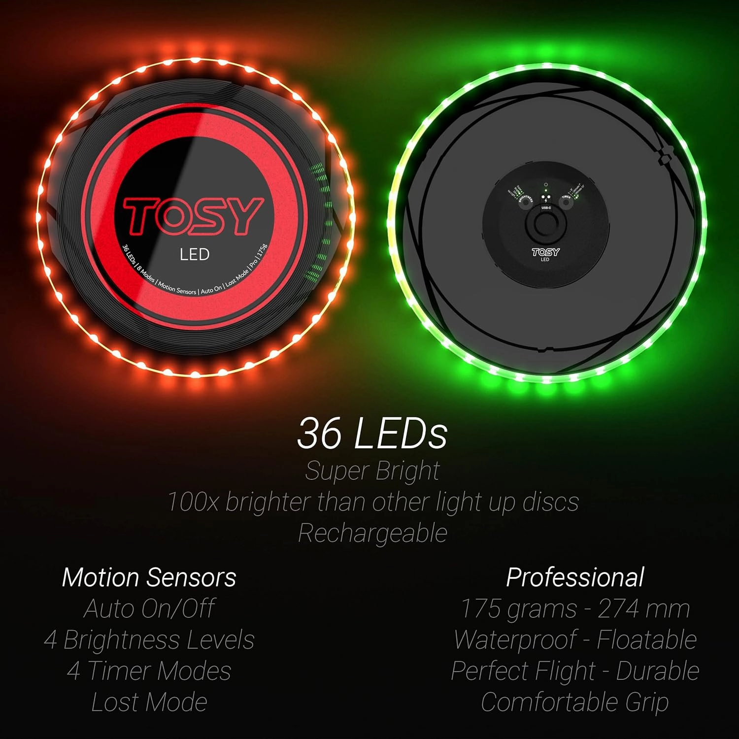 TOSY Flying Disc - 16 Million Colors RGB or 36 LEDs, Extremely Bright, Smart Modes, Camping Essentials for Teens/Kids/Adults/Men/Boys/Girls, Auto Light Up, Patented, Rechargeable, Waterproof, 175g