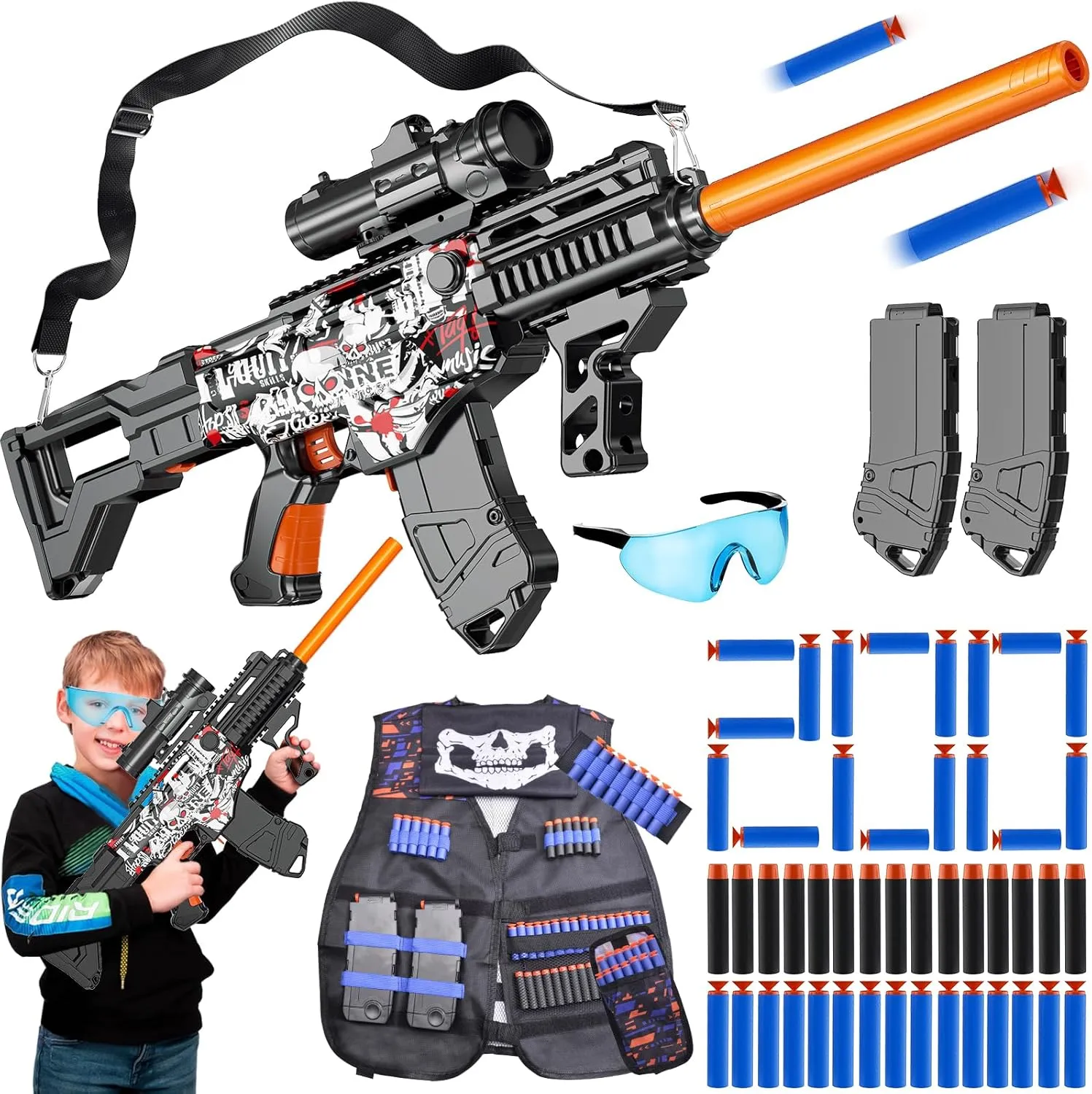 Toy Gun Automatic Sniper Rifle with Lanyard, Electric Realistic Toy Foam Blasters- 200 Darts, Tactical Vest Set, Scope and 2 Clips, Cool Toys for Kids Ages 8-12, Birthday Xmas Gifts for Boys Adults