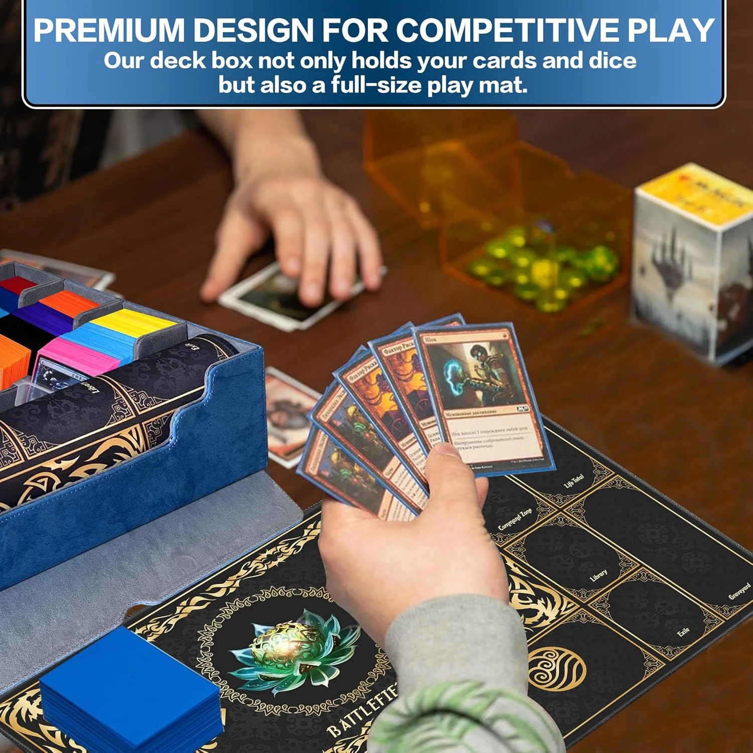 Trading Card Storage Box Fits 4000  Cards, 4-Row MTG Commander Deck Case with Playmat, 6 Movable Partitions 24 Dividers PU Leather Magnetic Closure, Magic/TCG/YuGiOh/Sport (Blue&Grey)