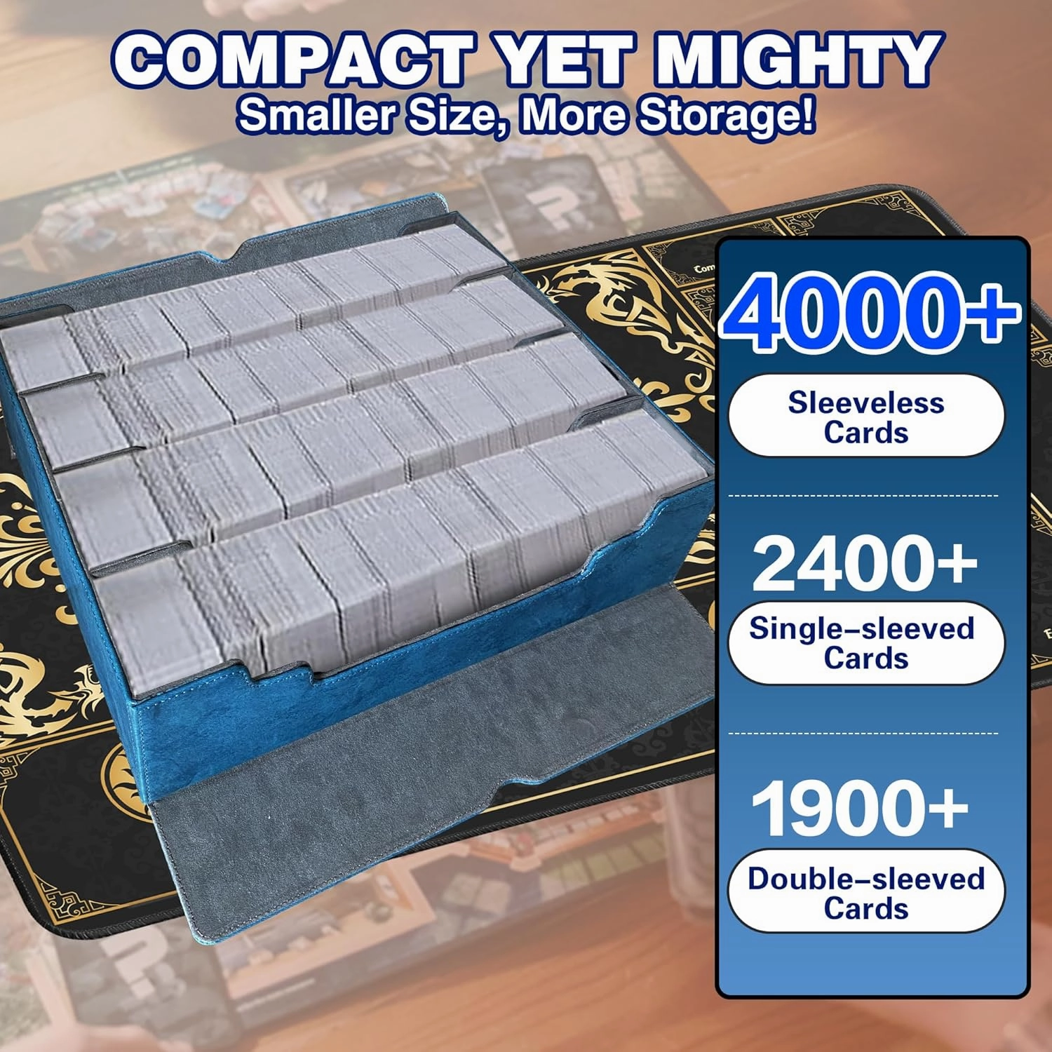 Trading Card Storage Box Fits 4000  Cards, 4-Row MTG Commander Deck Case with Playmat, 6 Movable Partitions 24 Dividers PU Leather Magnetic Closure, Magic/TCG/YuGiOh/Sport (Blue&Grey)