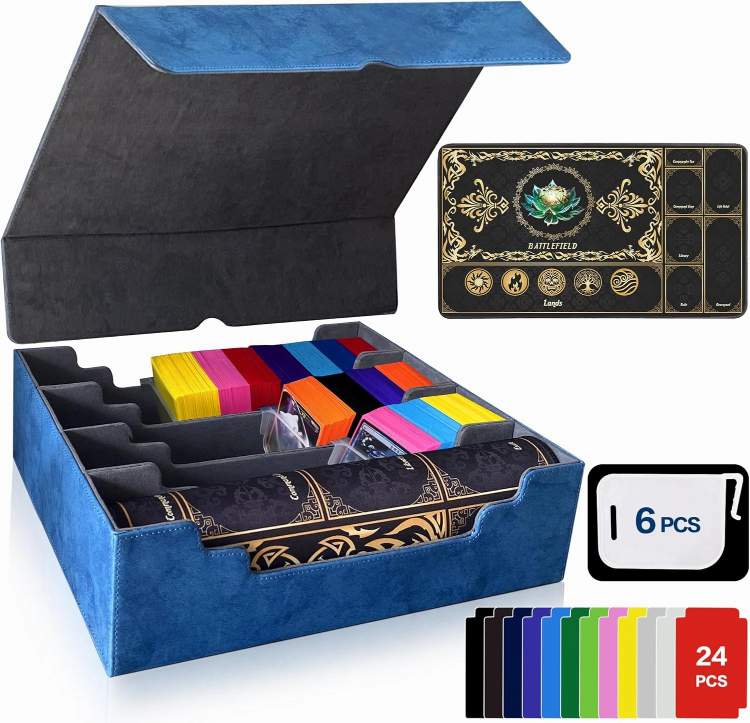 Trading Card Storage Box Fits 4000  Cards, 4-Row MTG Commander Deck Case with Playmat, 6 Movable Partitions 24 Dividers PU Leather Magnetic Closure, Magic/TCG/YuGiOh/Sport (Blue&Grey)