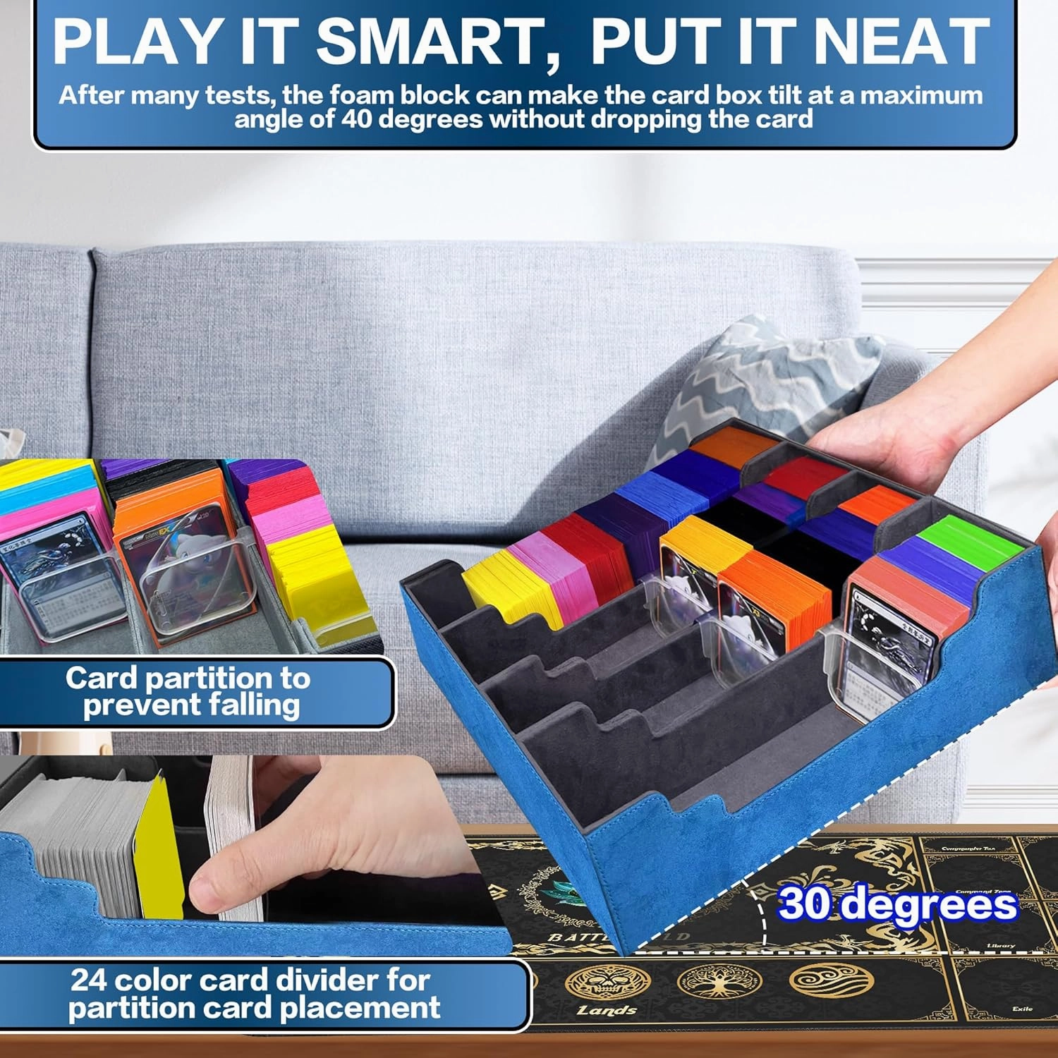 Trading Card Storage Box Fits 4000  Cards, 4-Row MTG Commander Deck Case with Playmat, 6 Movable Partitions 24 Dividers PU Leather Magnetic Closure, Magic/TCG/YuGiOh/Sport (Blue&Grey)