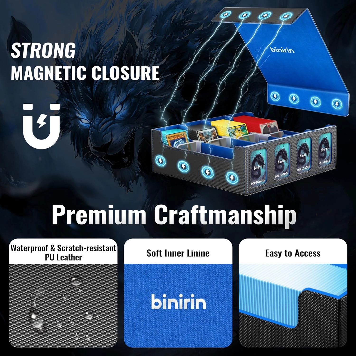 Trading Card Storage Box for Commander Display, 3000  MTG Deck Box with 4 Toploaders & Card Supporters, PU Leather Card Deck Case Fits MTG Yugioh TCG Magic Game & Sports Cards (Black&Blue)