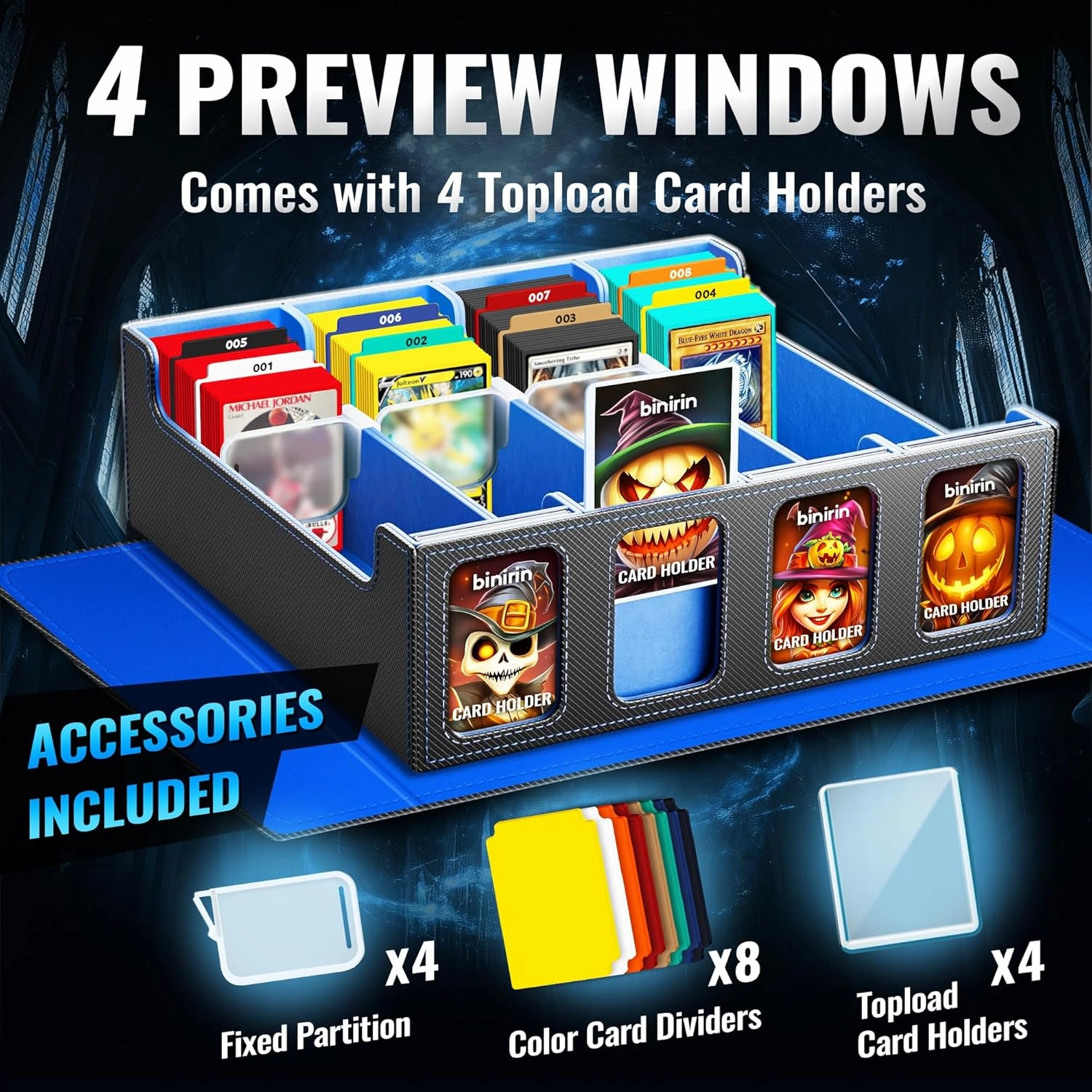 Trading Card Storage Box for Commander Display, 3000  MTG Deck Box with 4 Toploaders & Card Supporters, PU Leather Card Deck Case Fits MTG Yugioh TCG Magic Game & Sports Cards (Black&Blue)