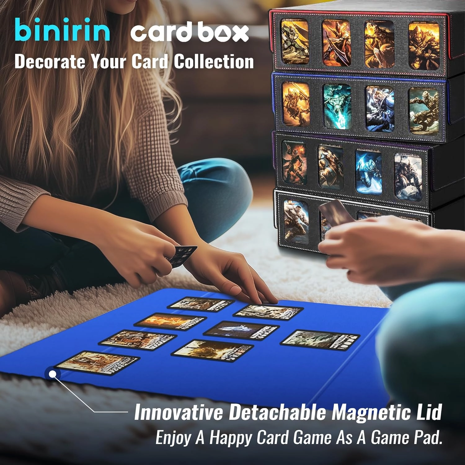 Trading Card Storage Box for Commander Display, 3000  MTG Deck Box with 4 Toploaders & Card Supporters, PU Leather Card Deck Case Fits MTG Yugioh TCG Magic Game & Sports Cards (Black&Blue)