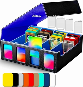 Trading Card Storage Box for Commander Display, 3000  MTG Deck Box with 4 Toploaders & Card Supporters, PU Leather Card Deck Case Fits MTG Yugioh TCG Magic Game & Sports Cards (Black&Blue)