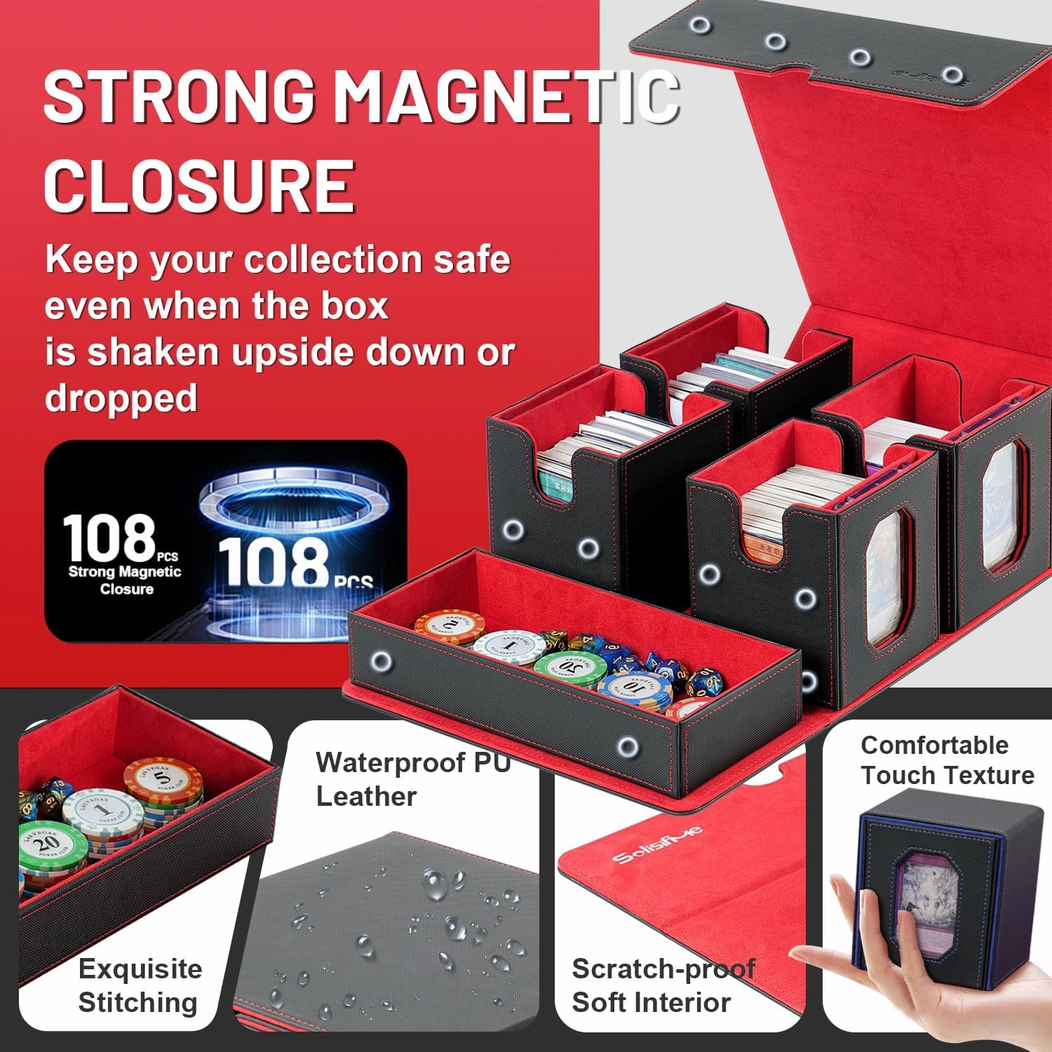 Trading Card Storage Box with Commander Display for MTG, TCG, Sports Cards, 5-in-1 Card Deck Box, Holds 450  Double-Sleeved Cards, 4 Individual Deck Cases with Covers, Dice Tray & Magnetic Holders