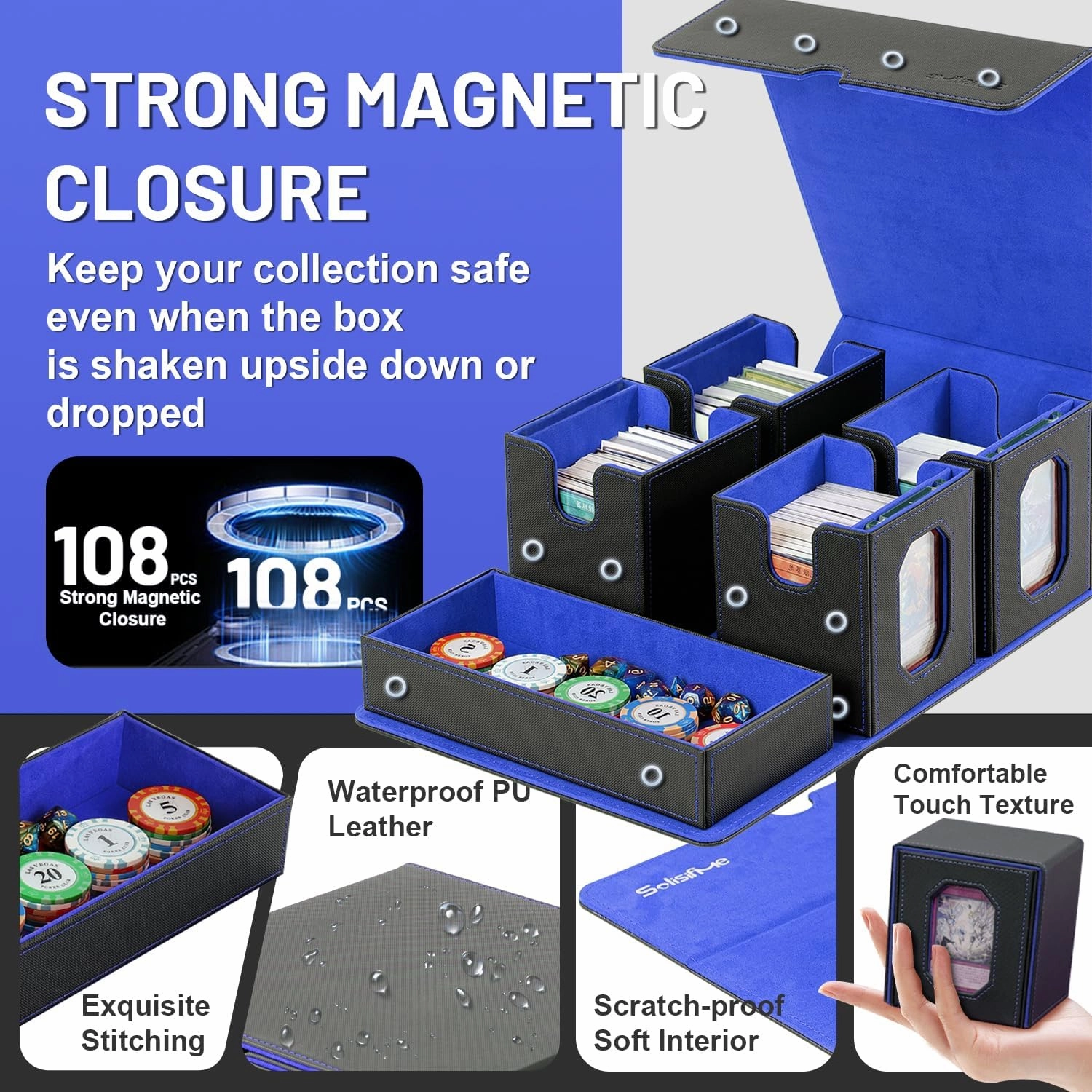 Trading Card Storage Box with Commander Display for MTG, TCG, Sports Cards, 5-in-1 Card Deck Box, Holds 450  Double-Sleeved Cards, 4 Individual Deck Cases with Covers, Dice Tray & Magnetic Holders