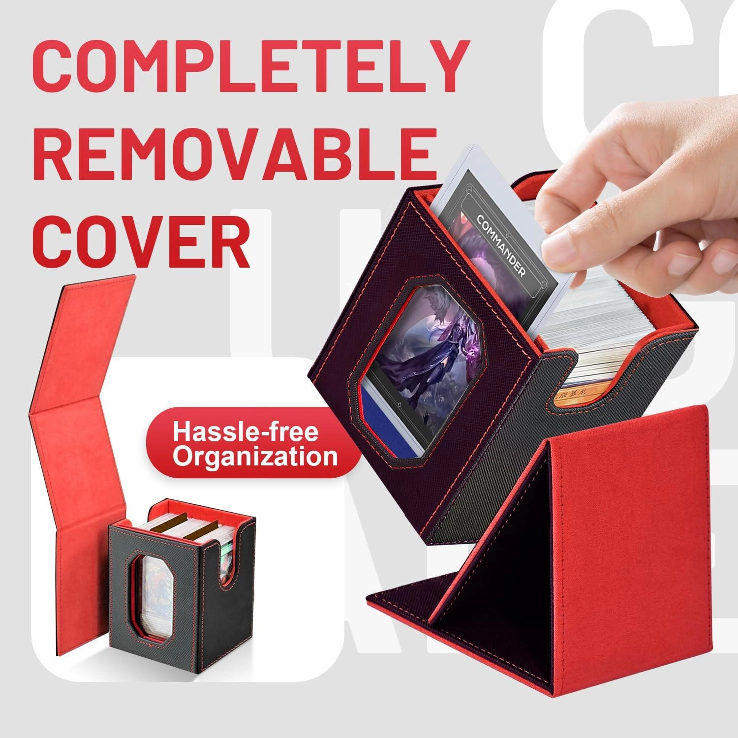 Trading Card Storage Box with Commander Display for MTG, TCG, Sports Cards, 5-in-1 Card Deck Box, Holds 450  Double-Sleeved Cards, 4 Individual Deck Cases with Covers, Dice Tray & Magnetic Holders