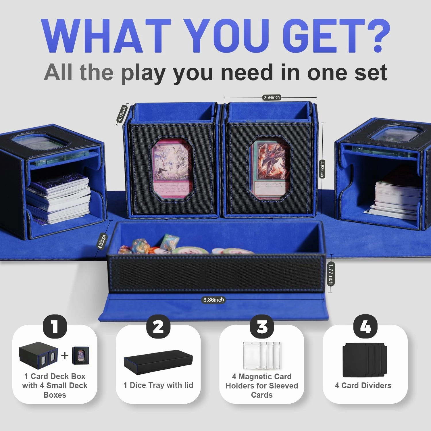Trading Card Storage Box with Commander Display for MTG, TCG, Sports Cards, 5-in-1 Card Deck Box, Holds 450  Double-Sleeved Cards, 4 Individual Deck Cases with Covers, Dice Tray & Magnetic Holders